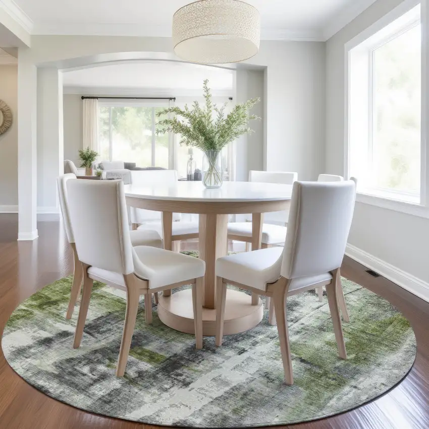 8' Olive Green And Ivory Round Abstract Washable Indoor Outdoor Area Rug Photo 6