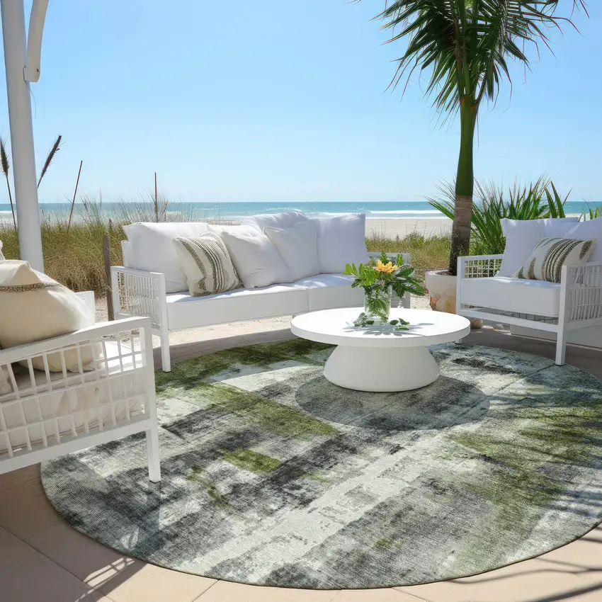 8' Olive Green And Ivory Round Abstract Washable Indoor Outdoor Area Rug Photo 5