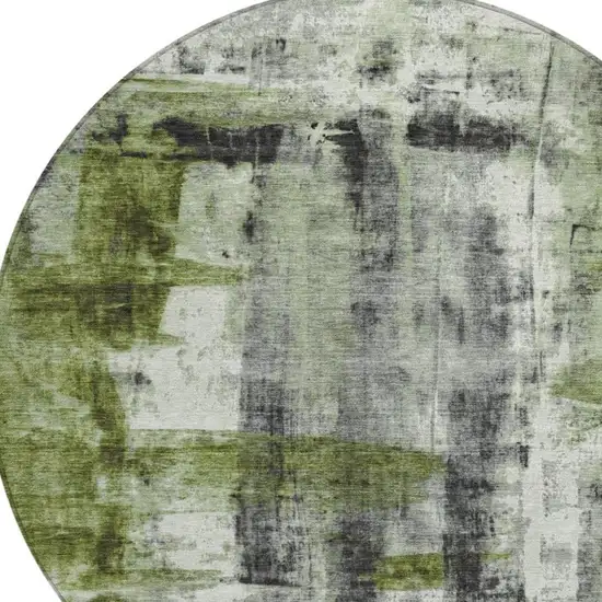 8' Olive Green And Ivory Round Abstract Washable Indoor Outdoor Area Rug Photo 4