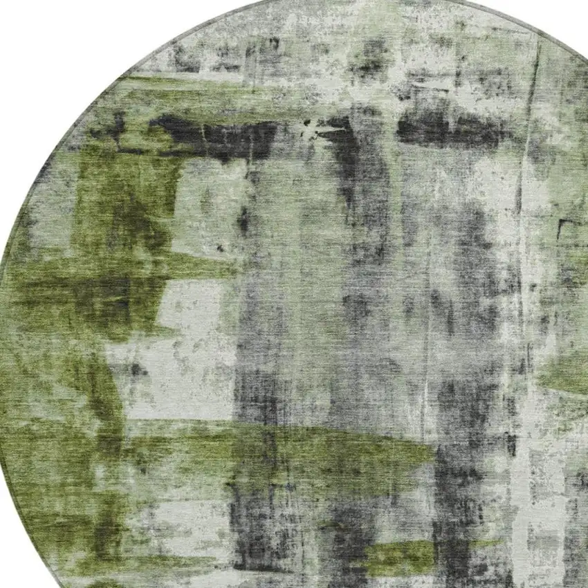 8' Olive Green And Ivory Round Abstract Washable Indoor Outdoor Area Rug Photo 4