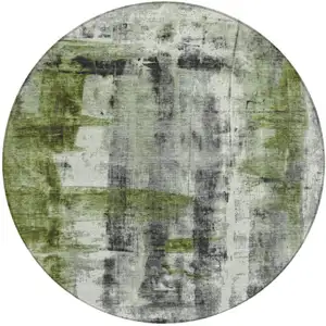 Photo of 8' Olive Green And Ivory Round Abstract Washable Indoor Outdoor Area Rug