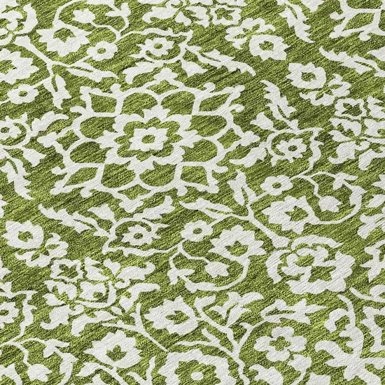 8' Olive Green And Ivory Round Damask Washable Indoor Outdoor Area Rug Photo 8