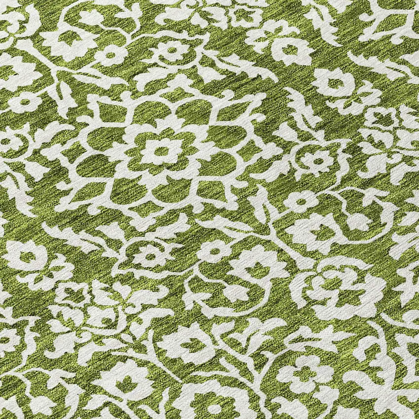 8' Olive Green And Ivory Round Damask Washable Indoor Outdoor Area Rug Photo 8