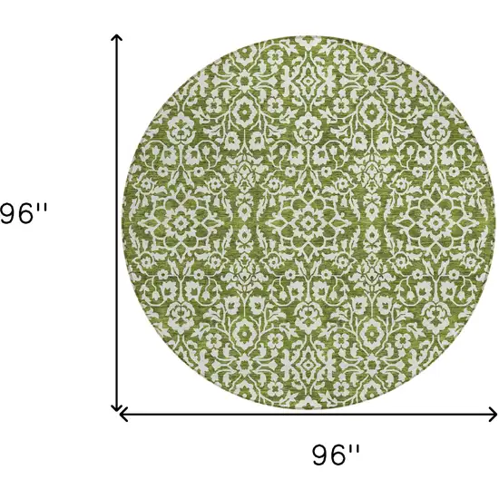 8' Olive Green And Ivory Round Damask Washable Indoor Outdoor Area Rug Photo 3