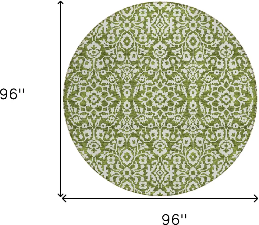 8' Olive Green And Ivory Round Damask Washable Indoor Outdoor Area Rug Photo 3