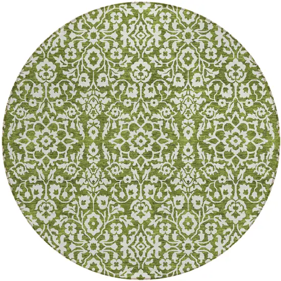 8' Olive Green And Ivory Round Damask Washable Indoor Outdoor Area Rug Photo 2