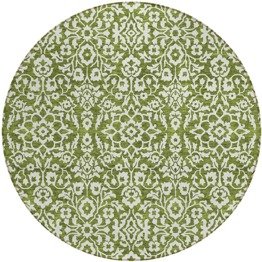 8' Olive Green And Ivory Round Damask Washable Indoor Outdoor Area Rug Photo 2