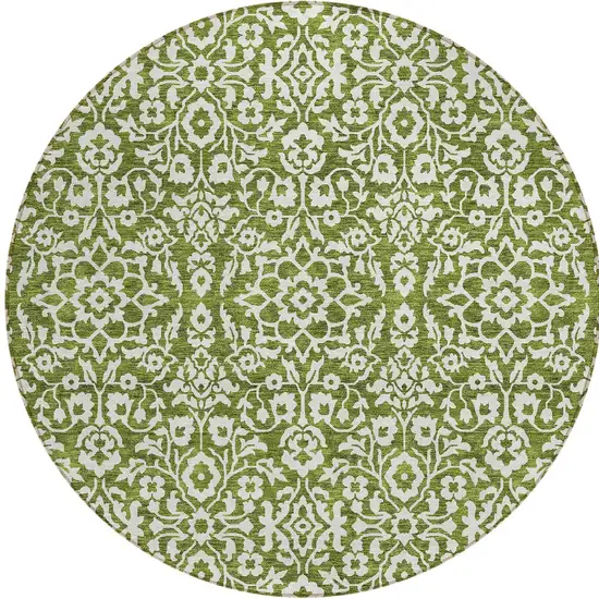 8' Olive Green And Ivory Round Damask Washable Indoor Outdoor Area Rug Photo 5