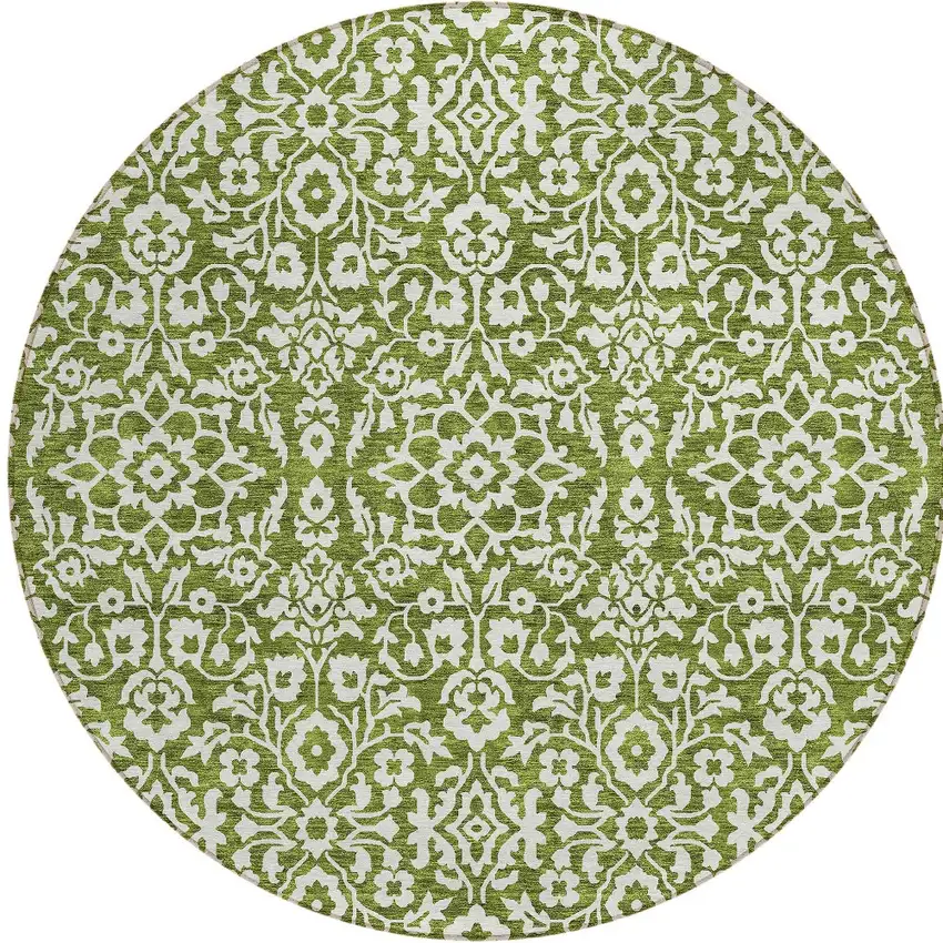 8' Olive Green And Ivory Round Damask Washable Indoor Outdoor Area Rug Photo 5