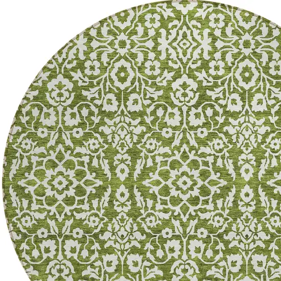 8' Olive Green And Ivory Round Damask Washable Indoor Outdoor Area Rug Photo 4