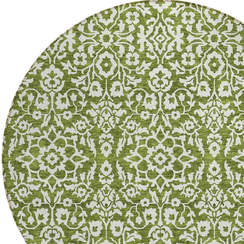 8' Olive Green And Ivory Round Damask Washable Indoor Outdoor Area Rug Photo 4