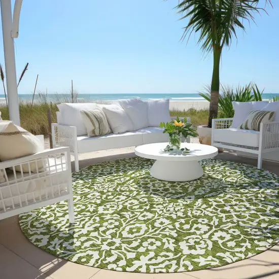 8' Olive Green And Ivory Round Damask Washable Indoor Outdoor Area Rug Photo 6