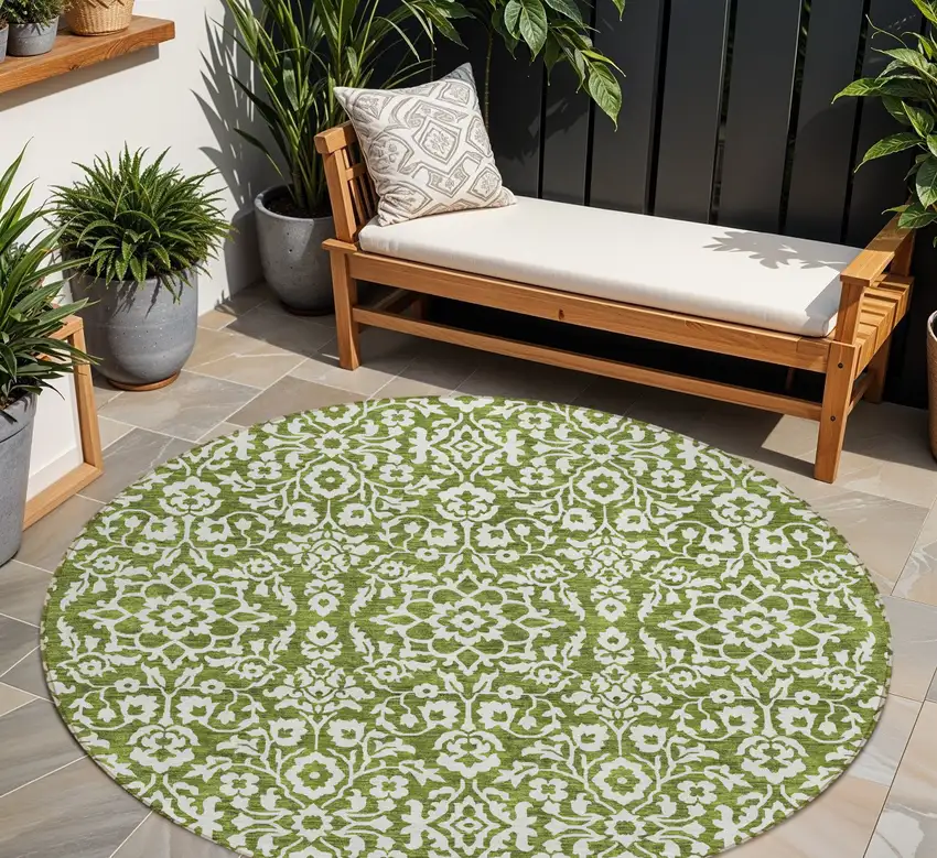 8' Olive Green And Ivory Round Damask Washable Indoor Outdoor Area Rug Photo 1