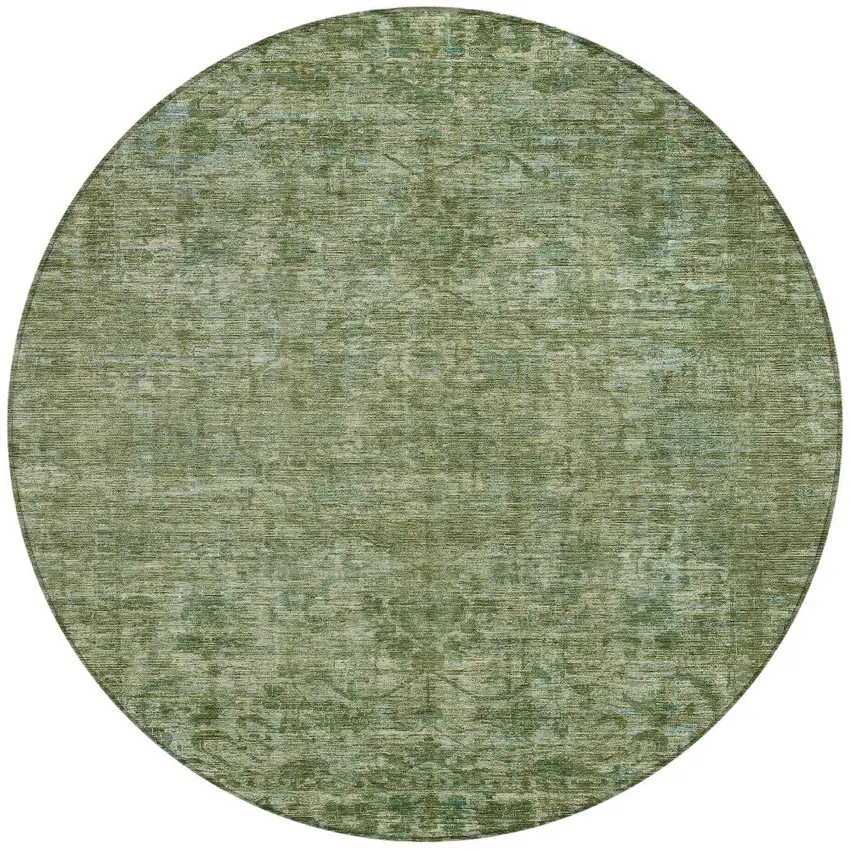 8' Olive Green And Ivory Round Floral Medallion Washable Indoor Outdoor Area Rug Photo 3