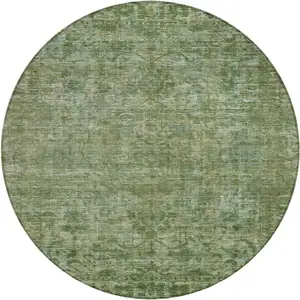Photo of 8' Olive Green And Ivory Round Floral Medallion Washable Indoor Outdoor Area Rug