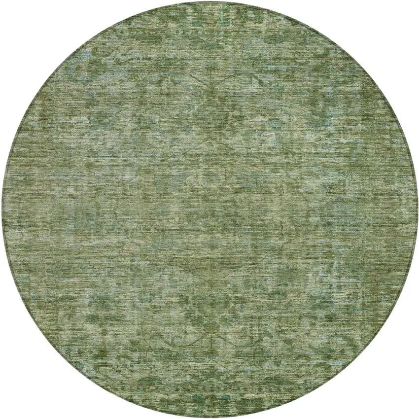 8' Olive Green And Ivory Round Floral Medallion Washable Indoor Outdoor Area Rug Photo 1