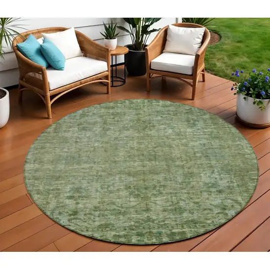 8' Olive Green And Ivory Round Floral Medallion Washable Indoor Outdoor Area Rug Photo 2