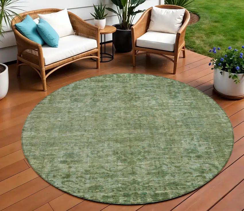 8' Olive Green And Ivory Round Floral Medallion Washable Indoor Outdoor Area Rug Photo 2