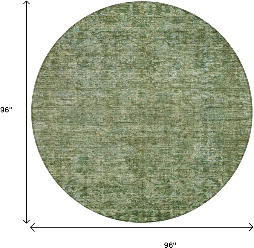 8' Olive Green And Ivory Round Floral Medallion Washable Indoor Outdoor Area Rug Photo 9