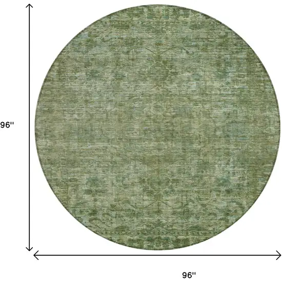 8' Olive Green And Ivory Round Floral Medallion Washable Indoor Outdoor Area Rug Photo 9