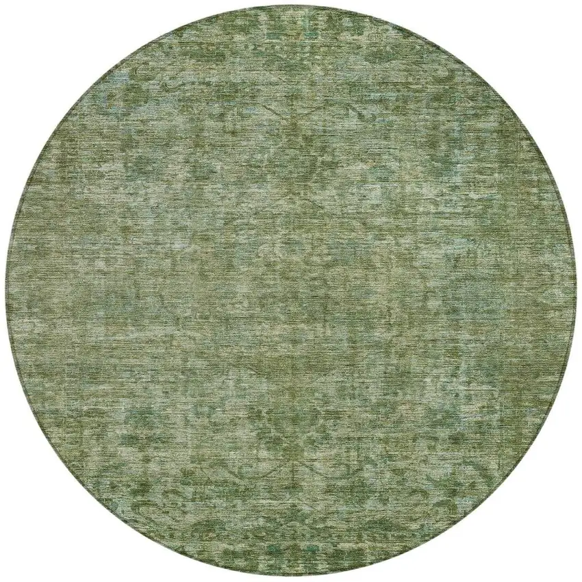 8' Olive Green And Ivory Round Floral Medallion Washable Indoor Outdoor Area Rug Photo 4