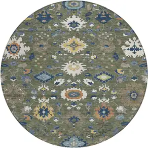 Photo of 8' Olive Green And Ivory Round Floral Medallion Washable Indoor Outdoor Area Rug