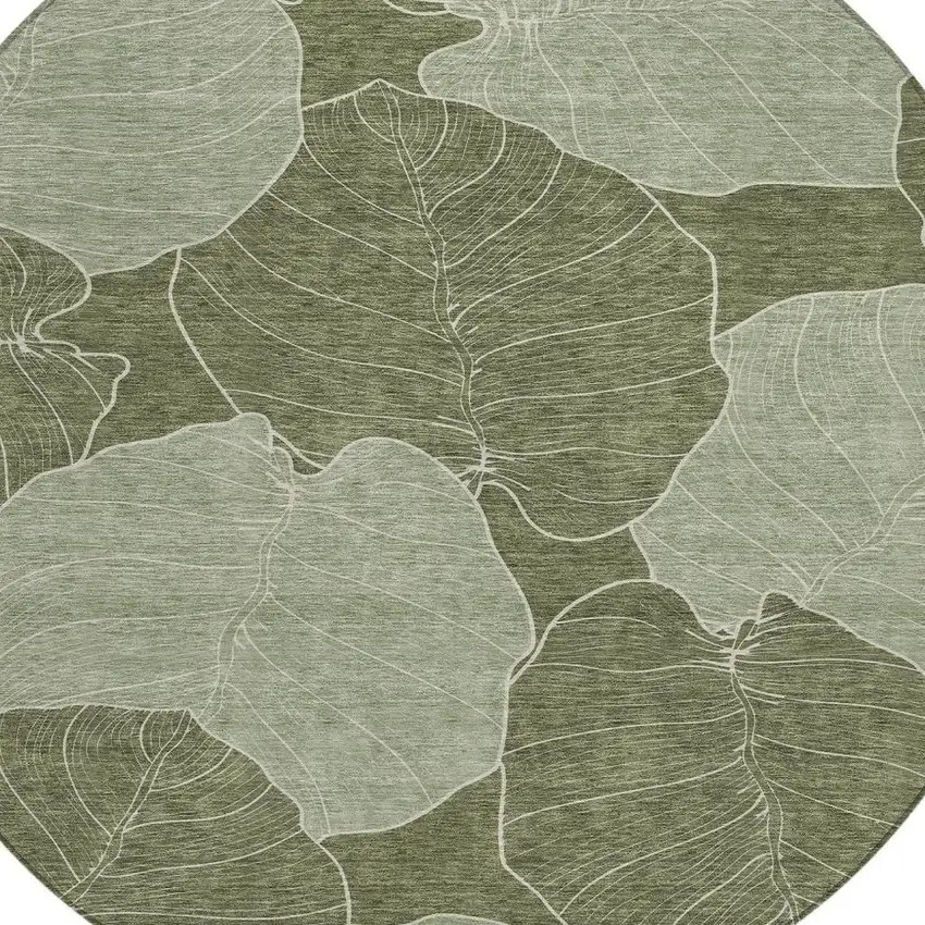 8' Olive Green And Ivory Round Floral Washable Indoor Outdoor Area Rug Photo 2