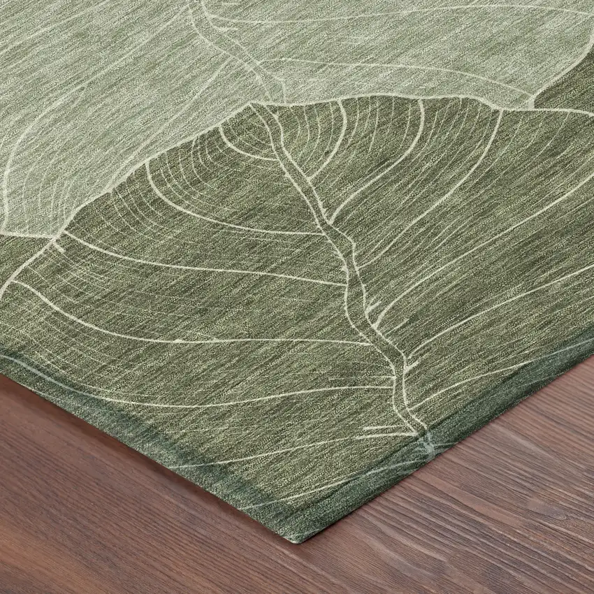 8' Olive Green And Ivory Round Floral Washable Indoor Outdoor Area Rug Photo 6