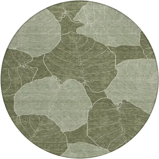 8' Olive Green And Ivory Round Floral Washable Indoor Outdoor Area Rug Photo 1