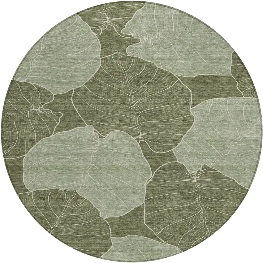 8' Olive Green And Ivory Round Floral Washable Indoor Outdoor Area Rug Photo 1