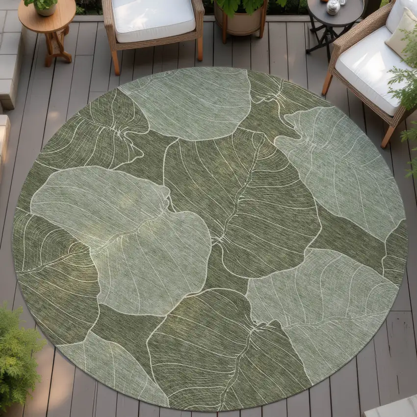 8' Olive Green And Ivory Round Floral Washable Indoor Outdoor Area Rug Photo 4