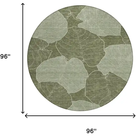 8' Olive Green And Ivory Round Floral Washable Indoor Outdoor Area Rug Photo 8