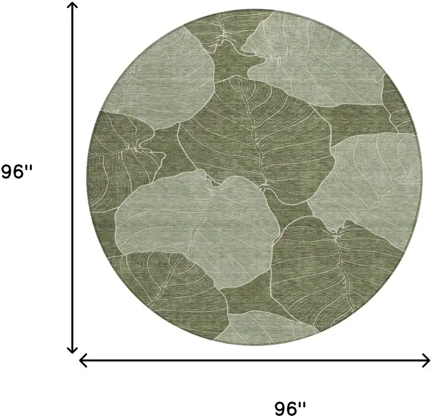 8' Olive Green And Ivory Round Floral Washable Indoor Outdoor Area Rug Photo 8