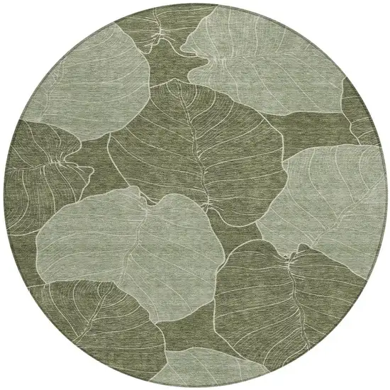 8' Olive Green And Ivory Round Floral Washable Indoor Outdoor Area Rug Photo 3