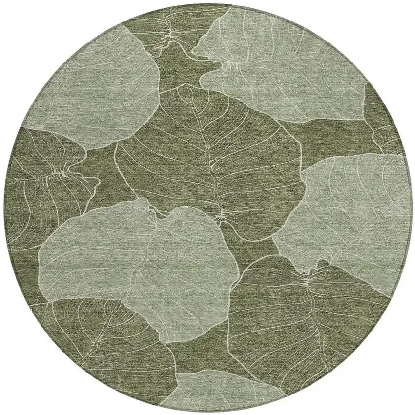 8' Olive Green And Ivory Round Floral Washable Indoor Outdoor Area Rug Photo 3