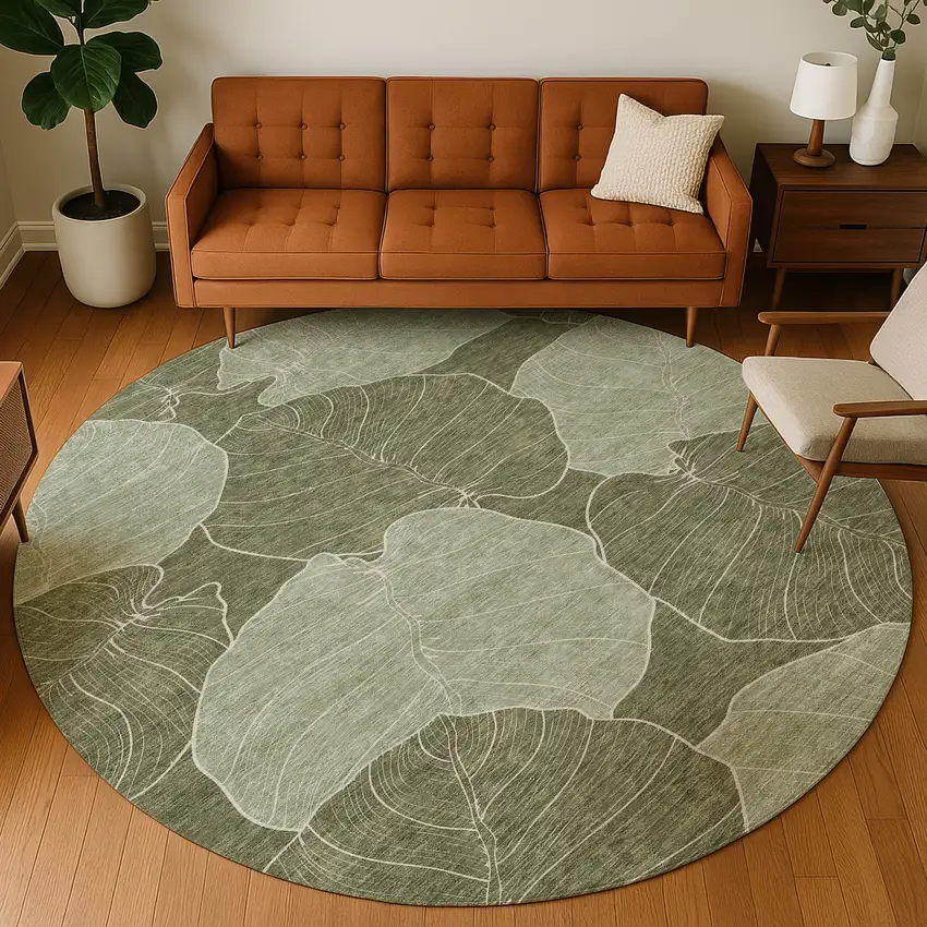 8' Olive Green And Ivory Round Floral Washable Indoor Outdoor Area Rug Photo 5