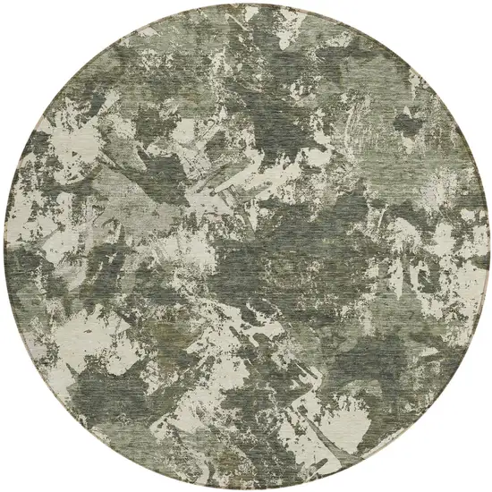 8' Olive Green And Ivory Round Floral Washable Indoor Outdoor Area Rug Photo 2