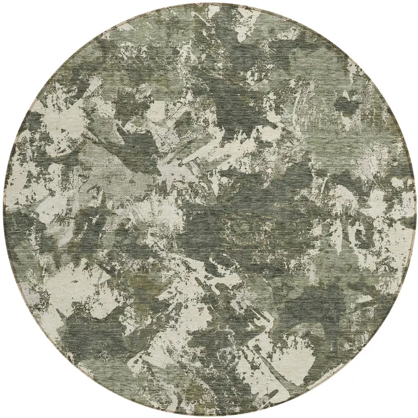 8' Olive Green And Ivory Round Floral Washable Indoor Outdoor Area Rug Photo 2