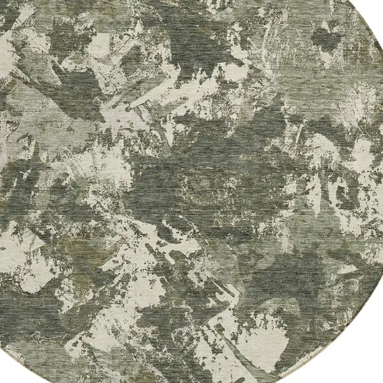 8' Olive Green And Ivory Round Floral Washable Indoor Outdoor Area Rug Photo 4