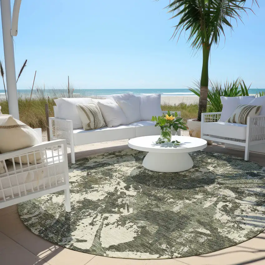 8' Olive Green And Ivory Round Floral Washable Indoor Outdoor Area Rug Photo 6