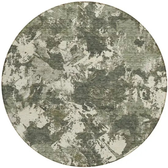 8' Olive Green And Ivory Round Floral Washable Indoor Outdoor Area Rug Photo 5