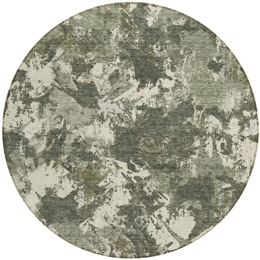 8' Olive Green And Ivory Round Floral Washable Indoor Outdoor Area Rug Photo 5