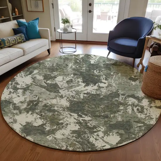 8' Olive Green And Ivory Round Floral Washable Indoor Outdoor Area Rug Photo 7