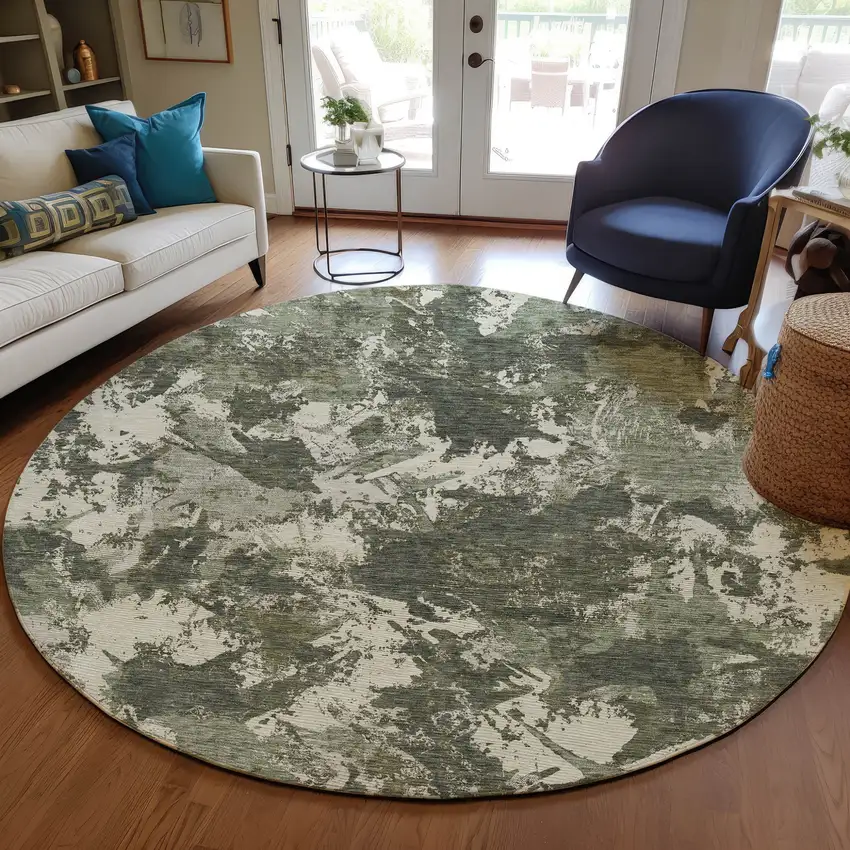 8' Olive Green And Ivory Round Floral Washable Indoor Outdoor Area Rug Photo 7