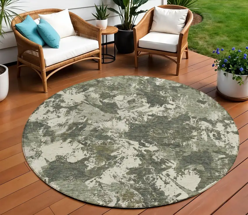 8' Olive Green And Ivory Round Floral Washable Indoor Outdoor Area Rug Photo 1