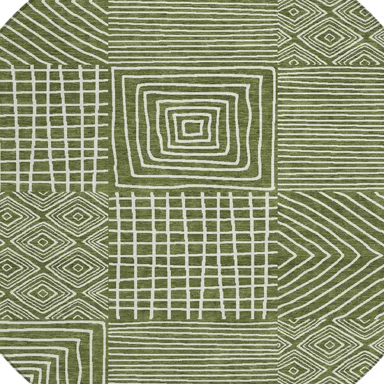 8' Olive Green And Ivory Round Geometric Washable Indoor Outdoor Area Rug Photo 6