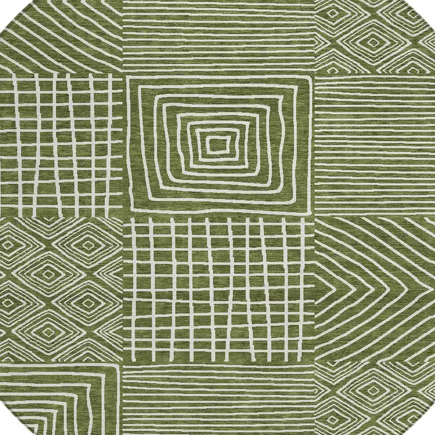 8' Olive Green And Ivory Round Geometric Washable Indoor Outdoor Area Rug Photo 6