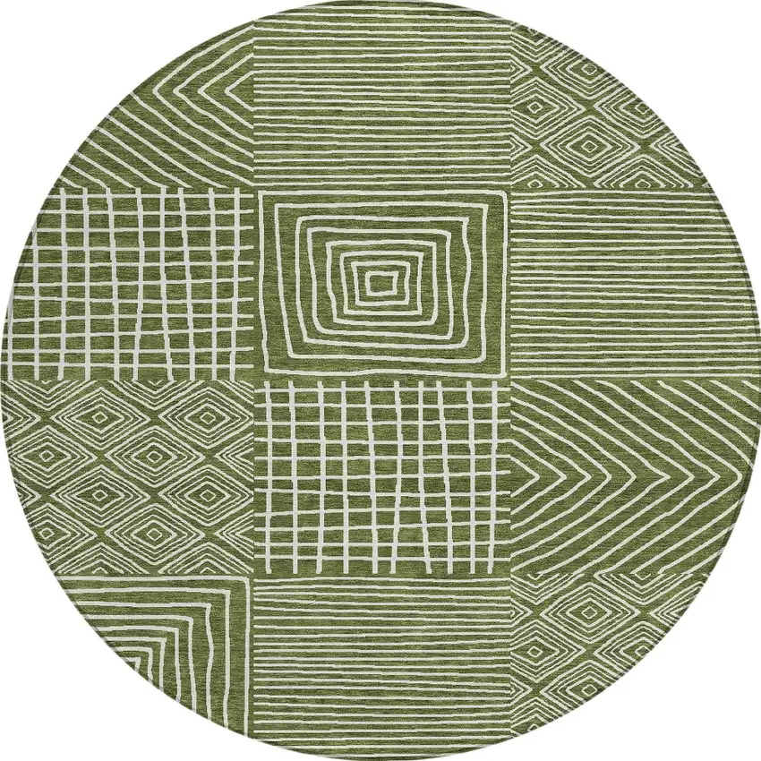 8' Olive Green And Ivory Round Geometric Washable Indoor Outdoor Area Rug Photo 7