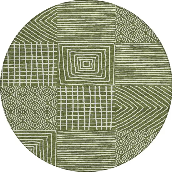 8' Olive Green And Ivory Round Geometric Washable Indoor Outdoor Area Rug Photo 7