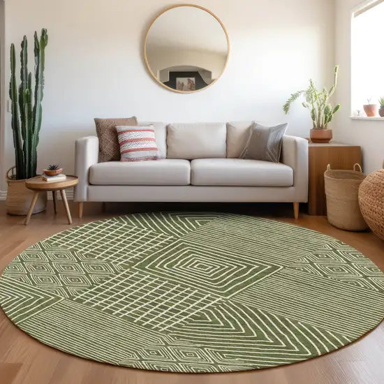 8' Olive Green And Ivory Round Geometric Washable Indoor Outdoor Area Rug Photo 9
